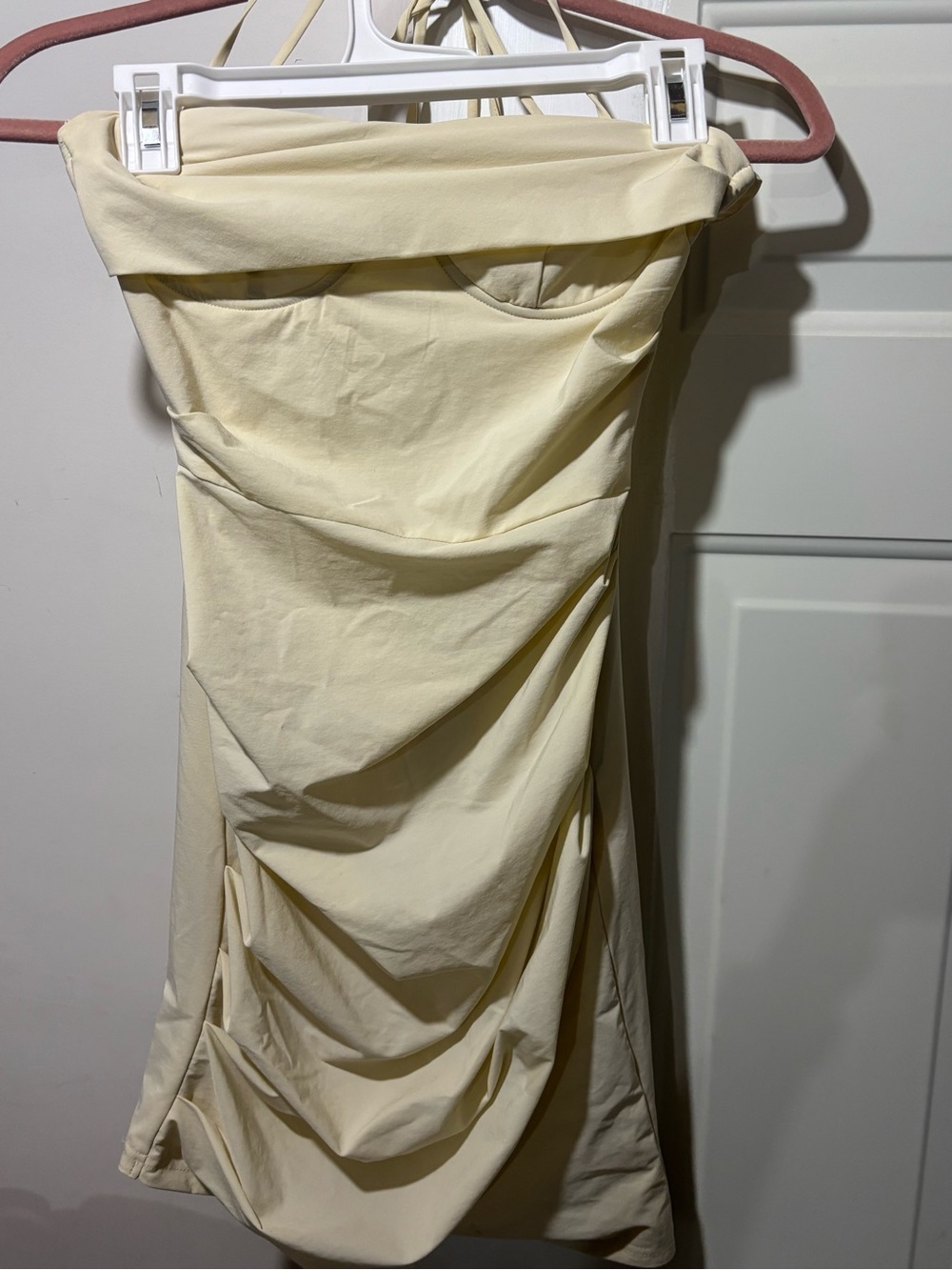 Strapless Cream Ruched Mini Dress